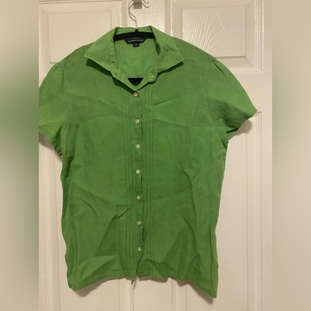 Lands’ End linen green button down shirt size 6-8